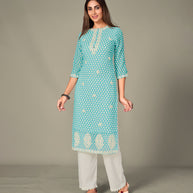 Laxmipati Georgate Blinking Blue Straight Cut Kurti With Palazzo & Mask