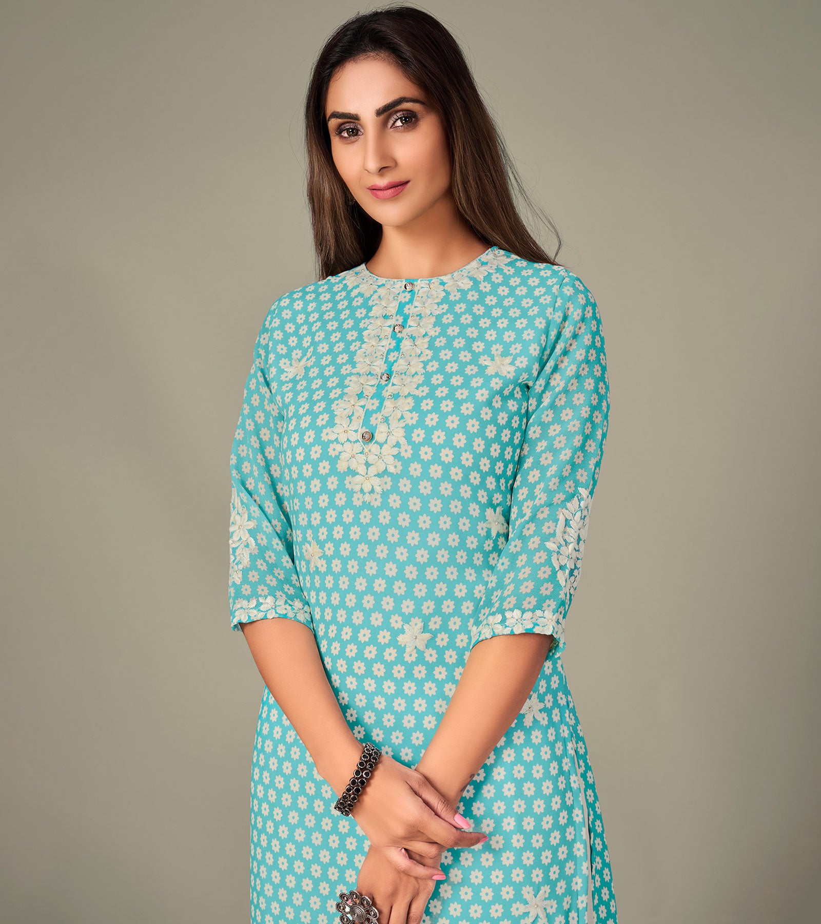 Laxmipati Georgate Blinking Blue Straight Cut Kurti With Palazzo & Mask