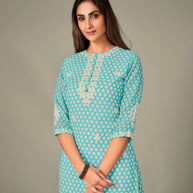 Laxmipati Georgate Blinking Blue Straight Cut Kurti With Palazzo & Mask
