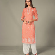 Laxmipati Georgate Tangy Red Straight Cut Kurti With Palazzo & Mask