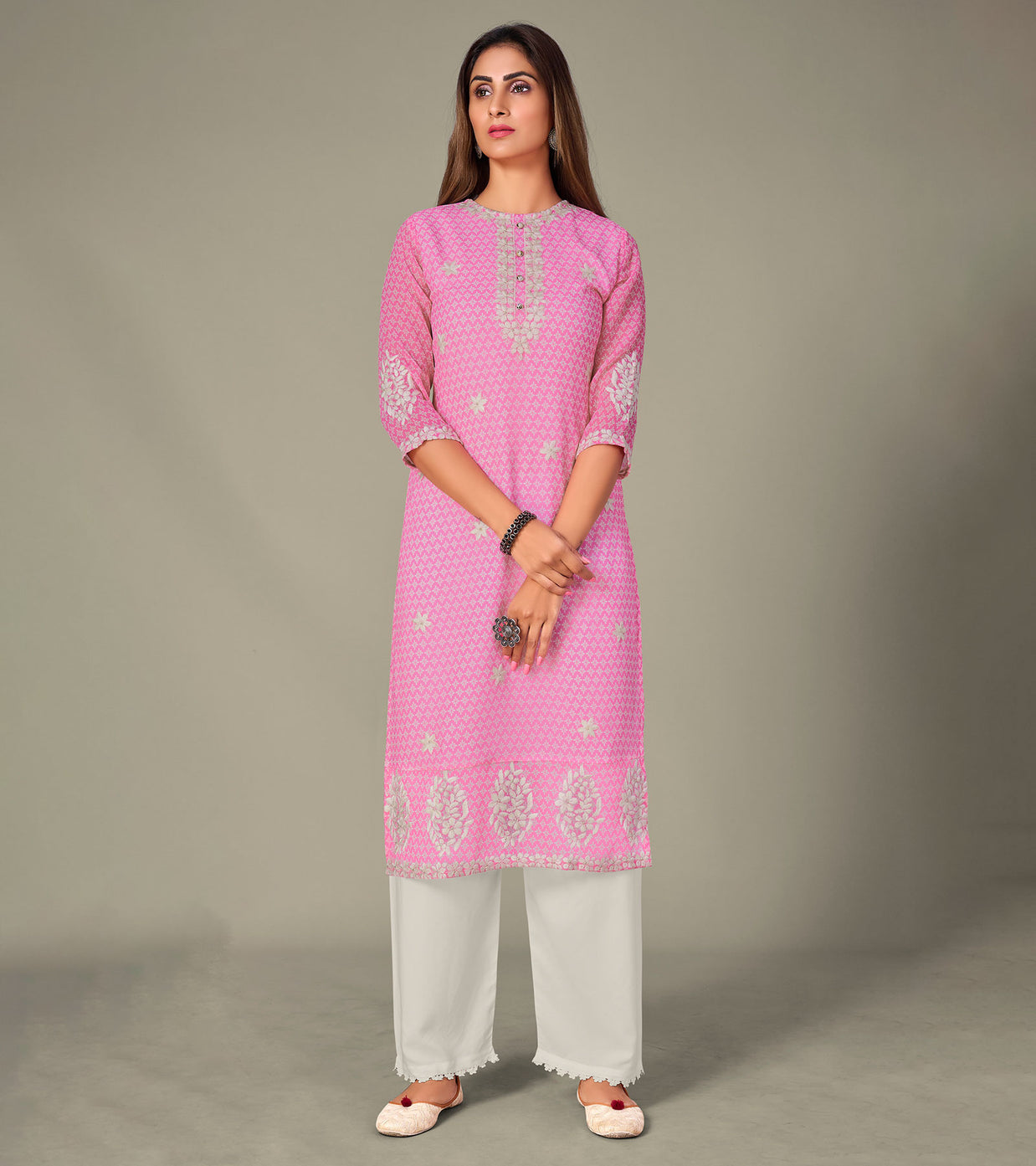 Laxmipati Georgate Pretty Pink Straight Cut Kurti With Palazzo & Mask