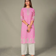 Laxmipati Georgate Pretty Pink Straight Cut Kurti With Palazzo & Mask