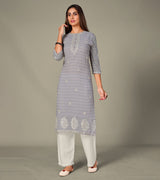 Laxmipati Georgate Mishoy Grey Straight Cut Kurti With Palazzo & Mask