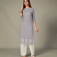 Laxmipati Georgate Mishoy Grey Straight Cut Kurti With Palazzo & Mask