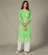 Laxmipati Georgate Leafy Green Straight Cut Kurti With Palazzo & Mask