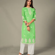 Laxmipati Georgate Leafy Green Straight Cut Kurti With Palazzo & Mask