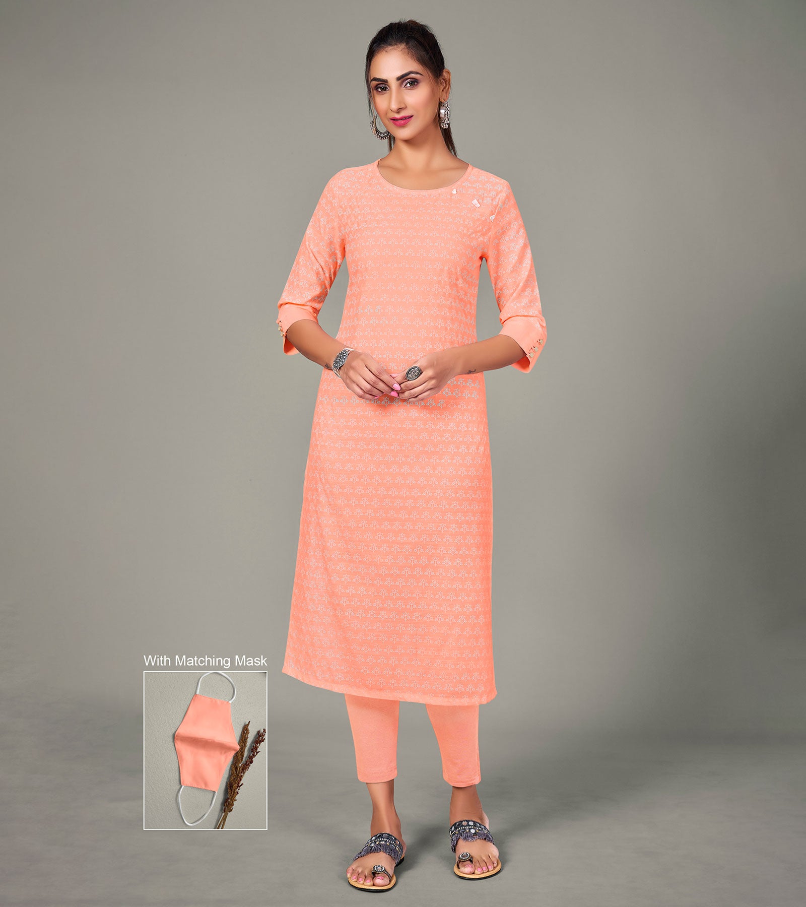 Laxmipati Spun Satin  Peach Punch Straight Cut Kurti With Mask