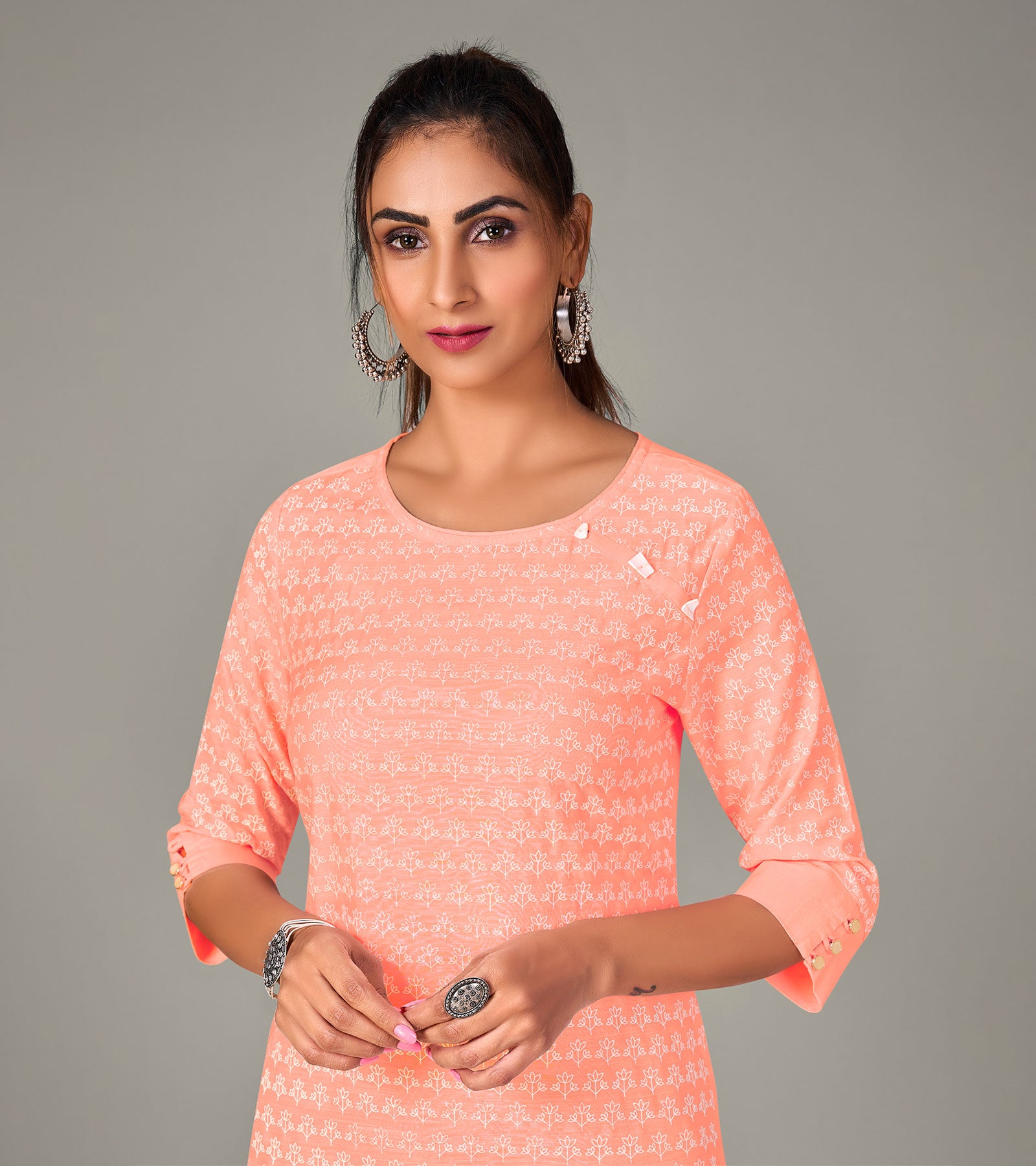 Laxmipati Spun Satin  Peach Punch Straight Cut Kurti With Mask
