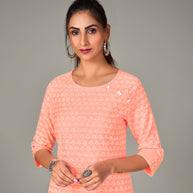 Laxmipati Spun Satin  Peach Punch Straight Cut Kurti With Mask