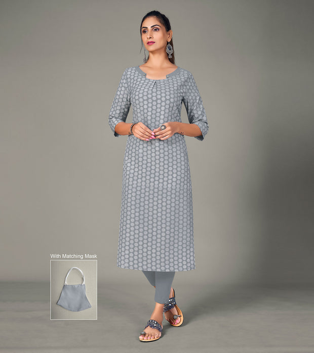 Laxmipati Spun Satin  Gini Grey Straight Cut Kurti With Mask