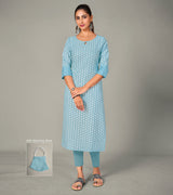 Laxmipati Spun Satin Sky Blue Straight Cut Kurti With Mask