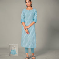 Laxmipati Spun Satin Sky Blue Straight Cut Kurti With Mask