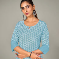 Laxmipati Spun Satin Sky Blue Straight Cut Kurti With Mask