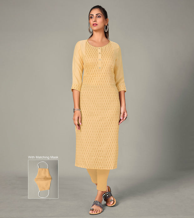 Laxmipati Spun Satin  Orchid Yellow Straight Cut Kurti With Mask