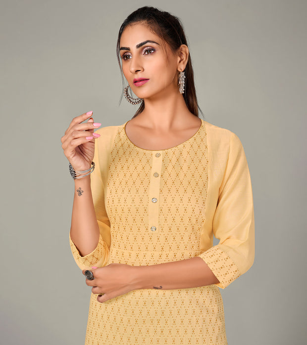 Laxmipati Spun Satin  Orchid Yellow Straight Cut Kurti With Mask