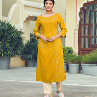 Laxmipati Rayon Slub Turmeric Yellow Straight Cut Kurti With  Mask