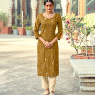 Laxmipati Rayon Slub Dijon Mustard Straight Cut Kurti With  Mask