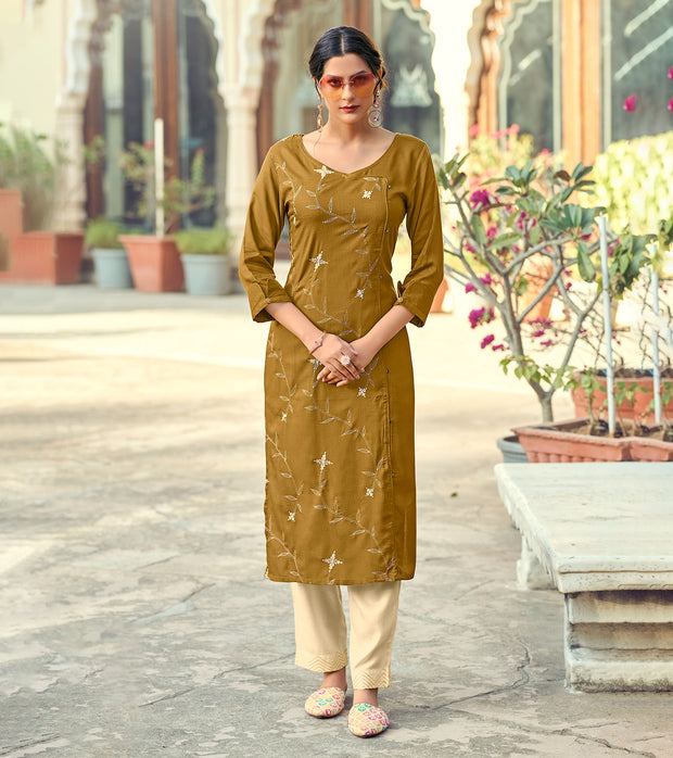 Laxmipati Rayon Slub Dijon Mustard Straight Cut Kurti With  Mask