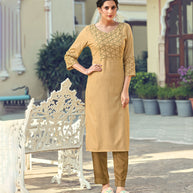 Laxmipati Rayon Slub Wheat Brown Straight Cut Kurti With  Mask
