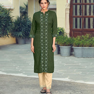 Laxmipati Rayon Slub Henna Green Straight Cut Kurti With  Mask