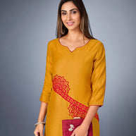 Laxmipati Sunny Satin Musturd Straight Cut Kurti With Mask