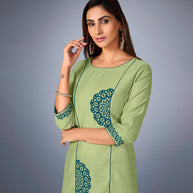 Laxmipati Sunny Satin Pista Green Straight Cut Kurti With Mask