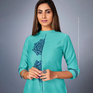 Laxmipati Sunny Satin Sky Blue Straight Cut Kurti With Mask