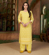 Laxmipati Daffodil Yellow Straight Cut Kurti With Embroidery Lace Palazzo