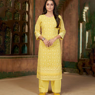 Laxmipati Daffodil Yellow Straight Cut Kurti With Embroidery Lace Palazzo