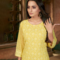 Laxmipati Daffodil Yellow Straight Cut Kurti With Embroidery Lace Palazzo