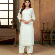 Laxmipati Vanilla White Straight Cut Kurti With Embroidery Lace Palazzo