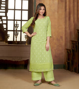 Laxmipati Lime Green Straight Cut Kurti With Embroidery Lace Palazzo