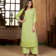 Laxmipati Lime Green Straight Cut Kurti With Embroidery Lace Palazzo
