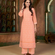 Laxmipati Salmon Peach Straight Cut Kurti With Embroidery Lace Palazzo