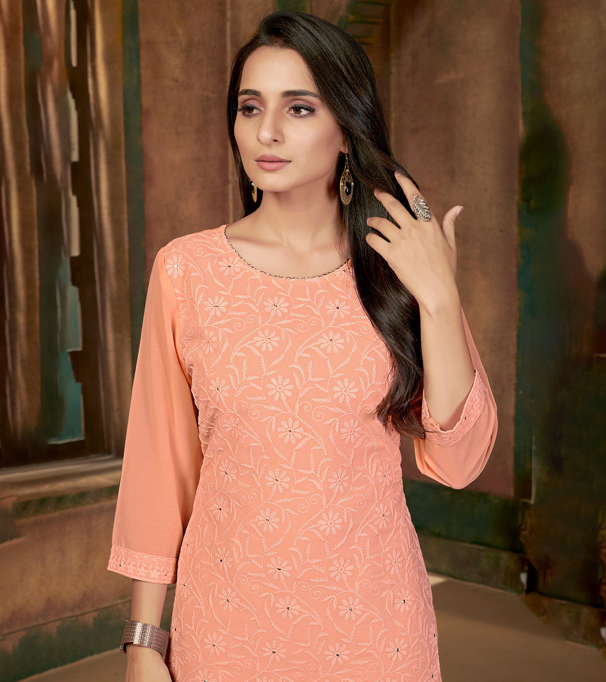 Laxmipati Salmon Peach Straight Cut Kurti With Embroidery Lace Palazzo