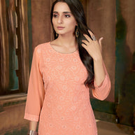 Laxmipati Salmon Peach Straight Cut Kurti With Embroidery Lace Palazzo