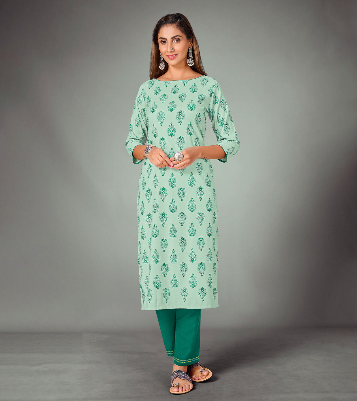 Laxmipati Mountain Mist Green Straight Cut Kurti With Narrow Slim Pant