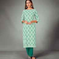 Laxmipati Mountain Mist Green Straight Cut Kurti With Narrow Slim Pant