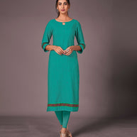 Laxmipati Cotton Viscose Pine Green Straight Cut Kurti With Mask