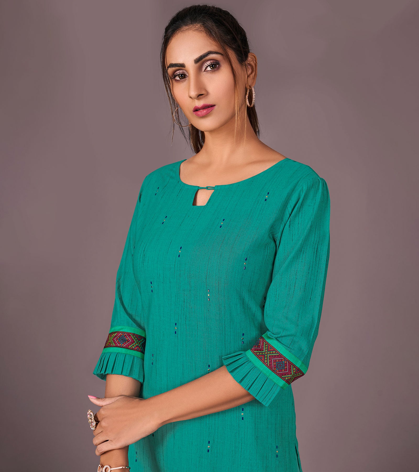 Laxmipati Cotton Viscose Pine Green Straight Cut Kurti With Mask