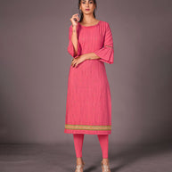 Laxmipati Cotton Viscose Preety Pink Straight Cut Kurti With Mask