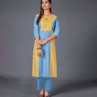 Laxmipati Cotton  Base Fancy Yellow With Sky Blue Straight Cut Kurti With Mask