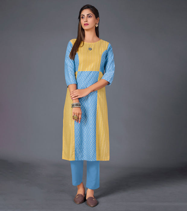 Laxmipati Cotton  Base Fancy Yellow With Sky Blue Straight Cut Kurti With Mask