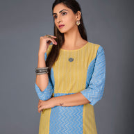 Laxmipati Cotton  Base Fancy Yellow With Sky Blue Straight Cut Kurti With Mask