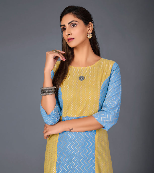 Laxmipati Cotton  Base Fancy Yellow With Sky Blue Straight Cut Kurti With Mask
