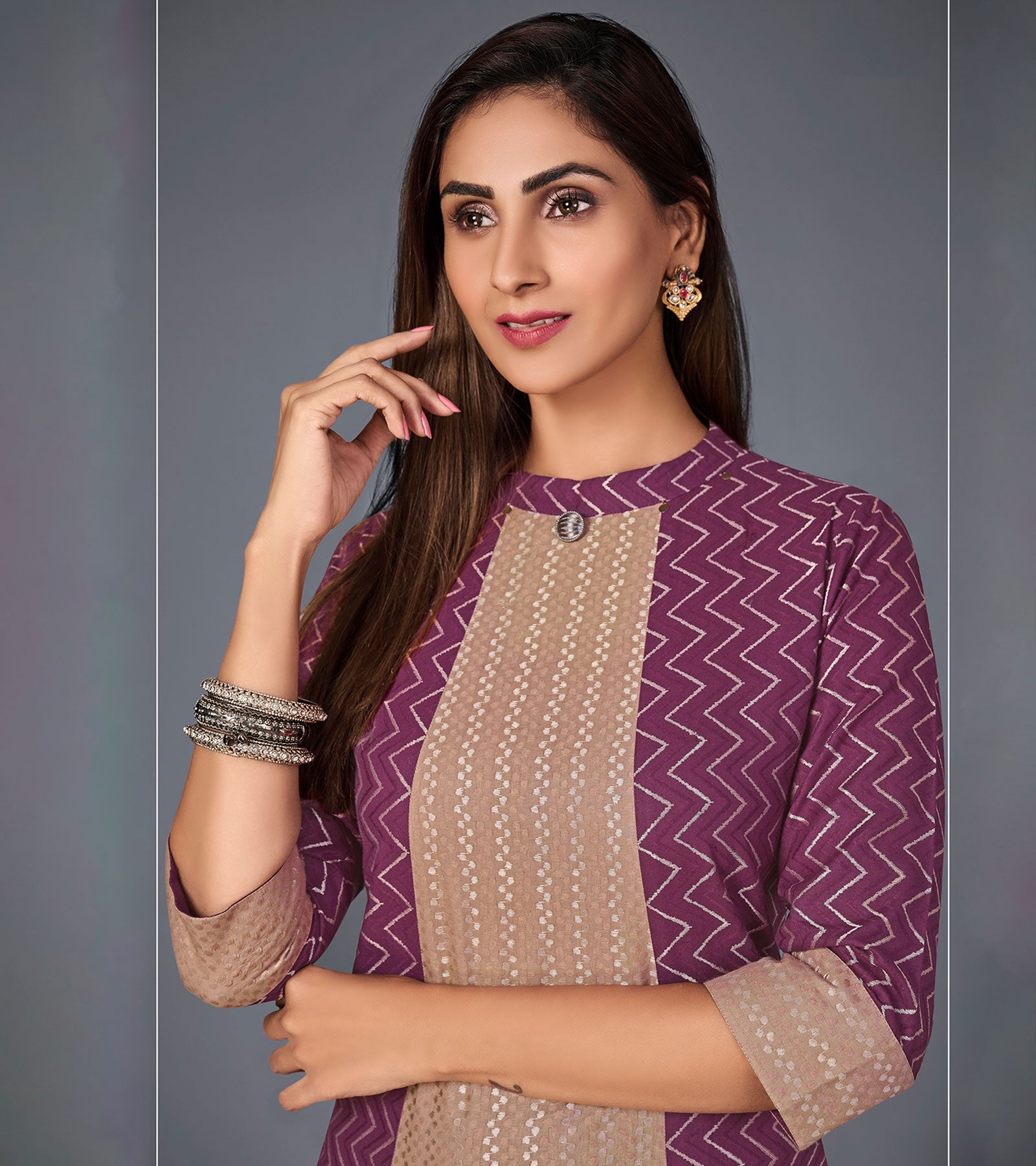 Laxmipati Cotton  Base Viny With Tan Brown Straight Cut Kurti With Mask