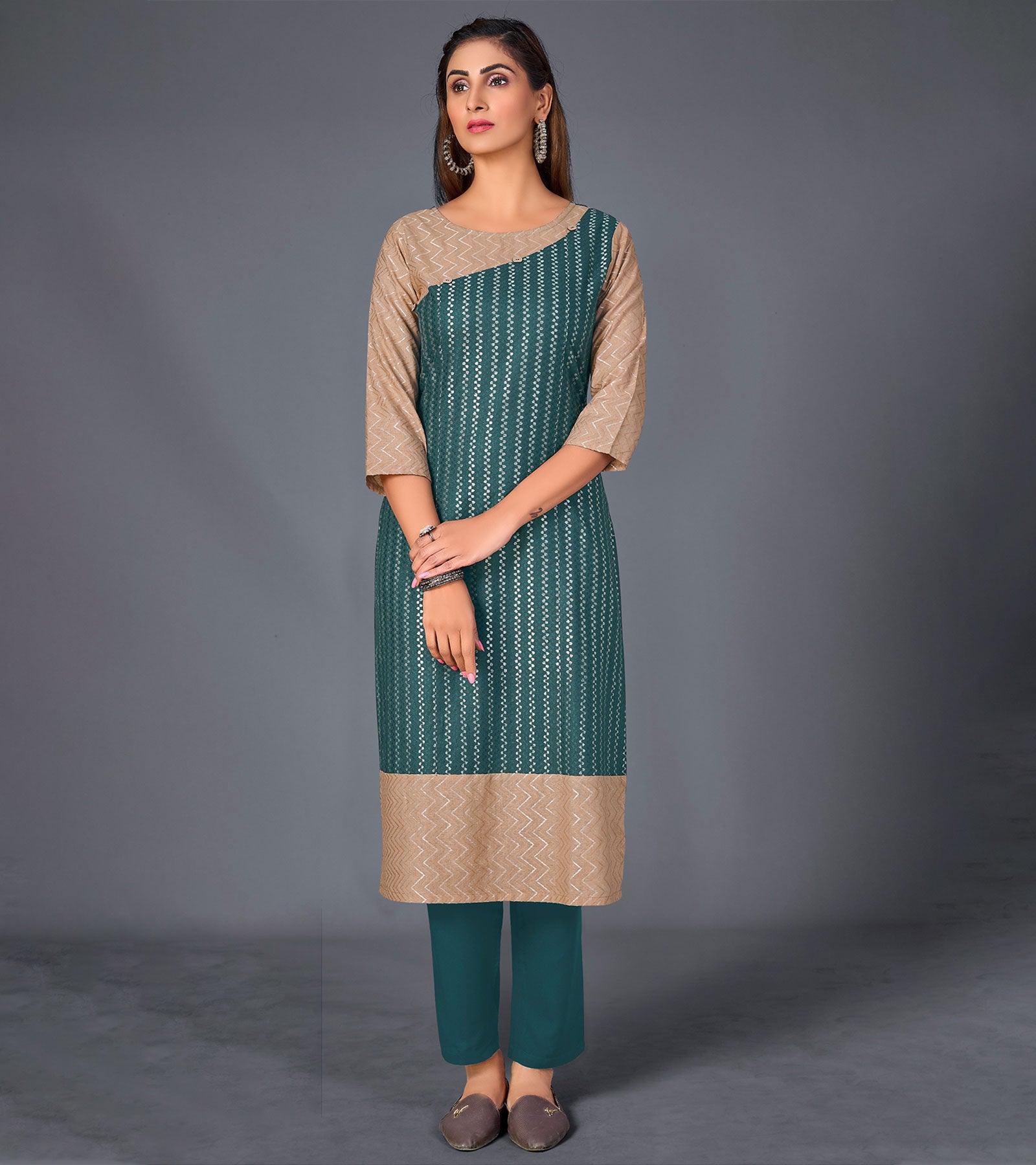 Laxmipati Cotton  Base Deep Bluish Green With Beidge Straight Cut Kurti With Mask