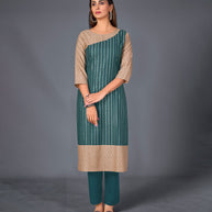Laxmipati Cotton  Base Deep Bluish Green With Beidge Straight Cut Kurti With Mask