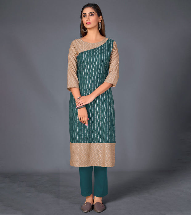 Laxmipati Cotton  Base Deep Bluish Green With Beidge Straight Cut Kurti With Mask