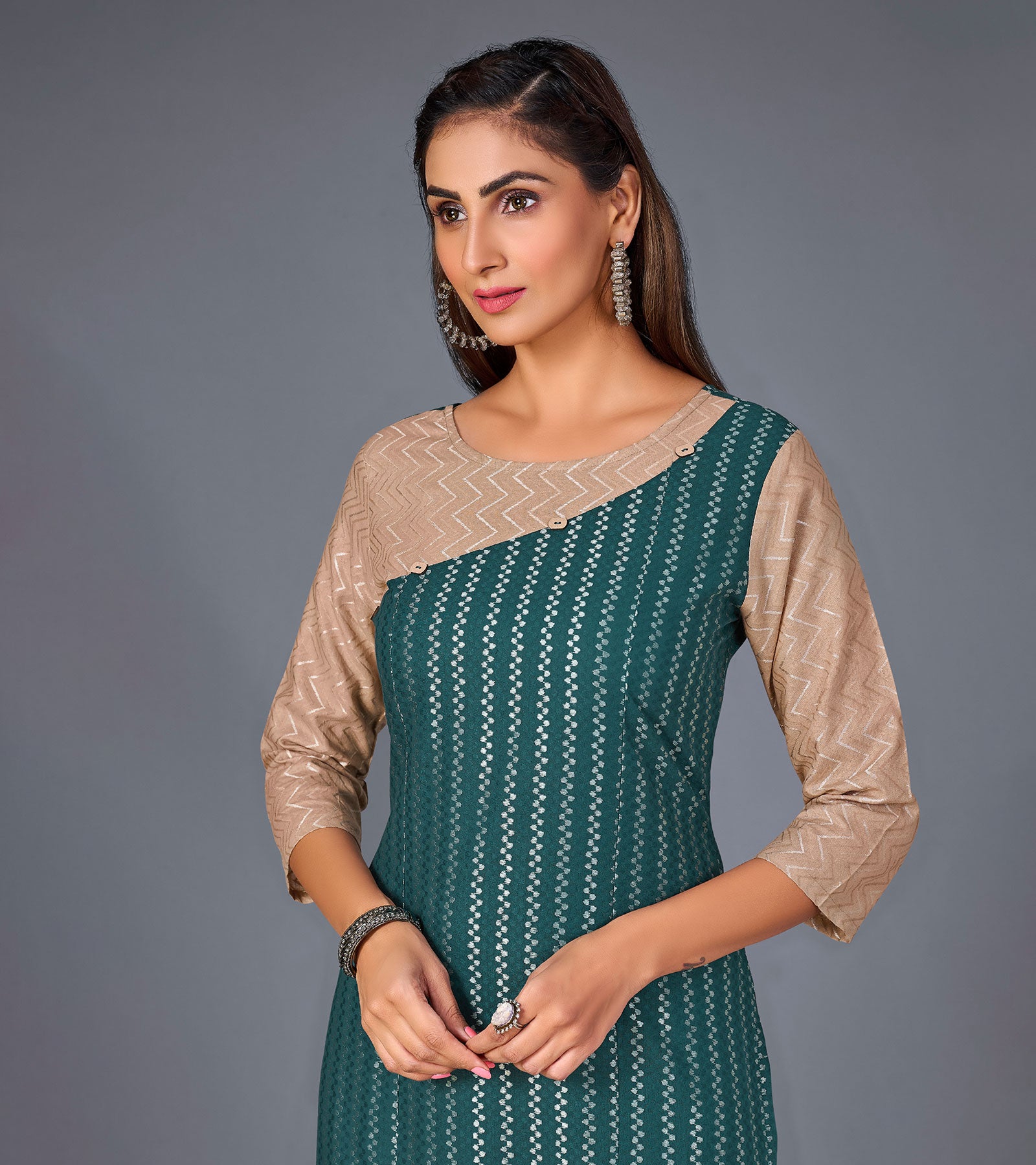 Laxmipati Cotton  Base Deep Bluish Green With Beidge Straight Cut Kurti With Mask